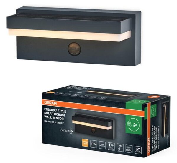 LEDVANCE venkovní solární nástěnné svítidlo Endura Style Robust Sensor 2,5 W 3000 K PIR senzor USB