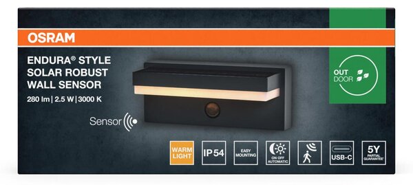 LEDVANCE venkovní solární nástěnné svítidlo Endura Style Robust Sensor 2,5 W 3000 K PIR senzor USB