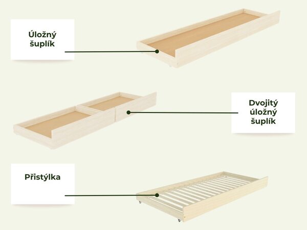 Domečková patrová postel PLOTTY s úložnými schody 90x200 cm - Nelakovaná, Zvolte šuplík: Bez šuplíku, Zvolte stranu: Vlevo