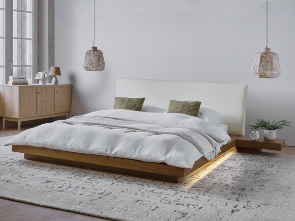 LED postel Umělá kůže ZEN 160 x 200 cm Přírodní jasan