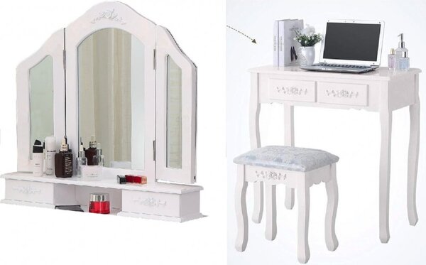 Elegantní bílý toaletní stolek s velkým zrcadlem a taburetem