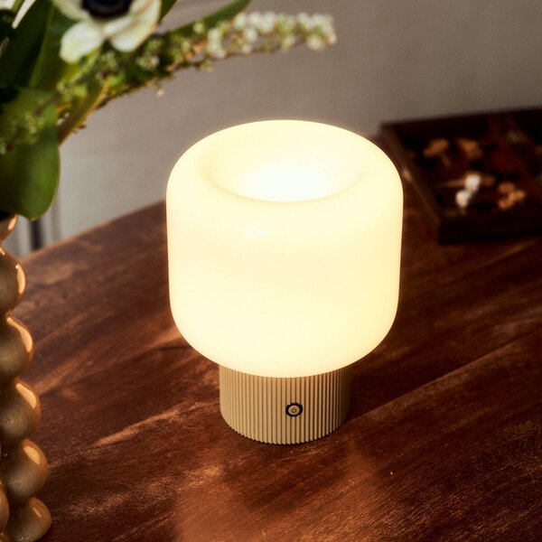 Lucande LED stolní lampa Katrin Palme, béžová, sklo, stmívatelný, Krémová / jantar, Obývací pokoj / jídelna, Sklo, Moderní