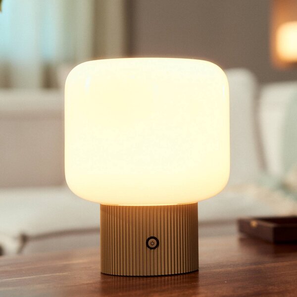 Lucande LED stolní lampa Katrin Palme, béžová, sklo, stmívatelný, Krémová / jantar, Obývací pokoj / jídelna, Sklo, Moderní