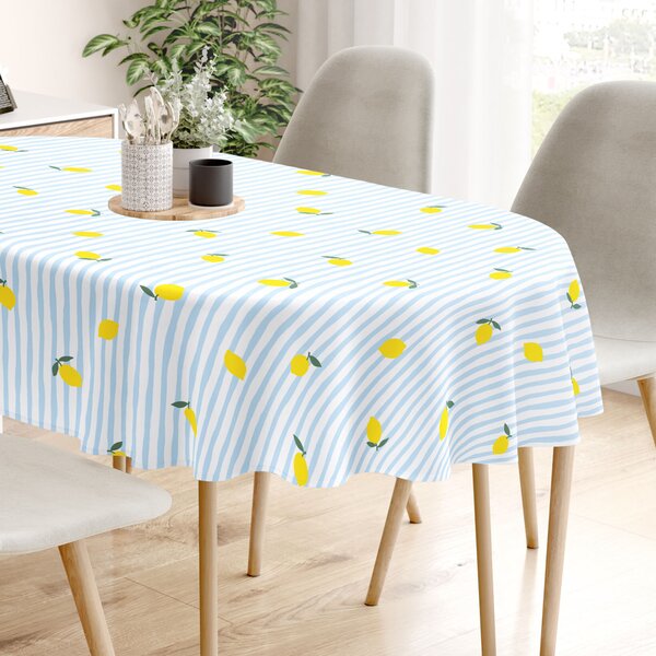 Goldea oválný ubrus 100% bavlněné plátno - svěží citrony s proužky 140 x 240 cm