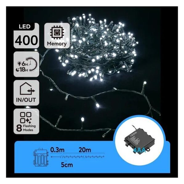 Aigostar - LED Venkovní vánoční řetěz 400xLED/8 funkcí 4xAA 20,3 m studená bílá