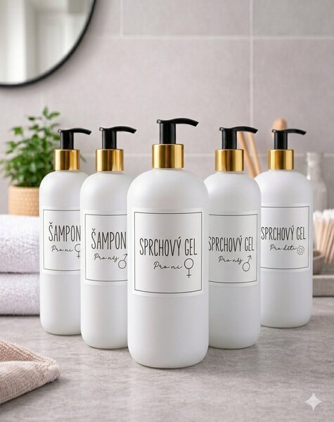 Bílá lahvička s pumpičkou se zlatým uzávěrem Rozměr: 250 ml