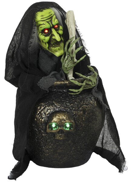 Animovaná halloweenová stolní čarodějnice se smíchem, svítícíma očima a zvukovou/na dotek aktivací