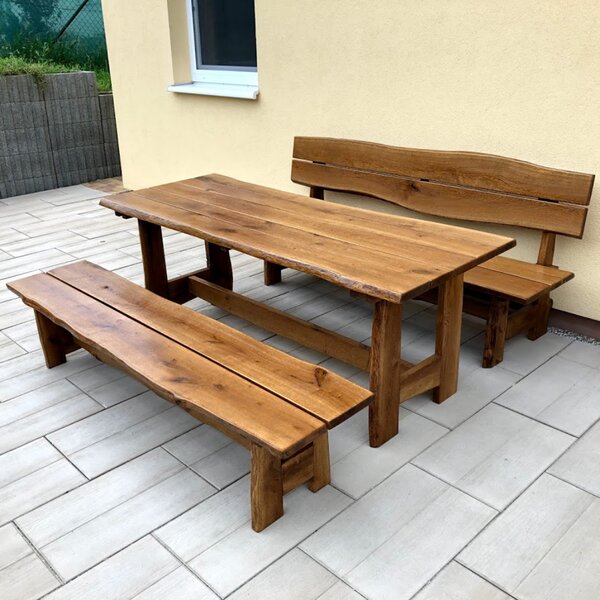 KULHÁNEK Zahradní dubová sestava - stůl, 1x lavice s opěradlem, 1x lavice bez opěradla (rustikální provedení) Délka: individuální, Odstín nátěru: lazura - palisandr