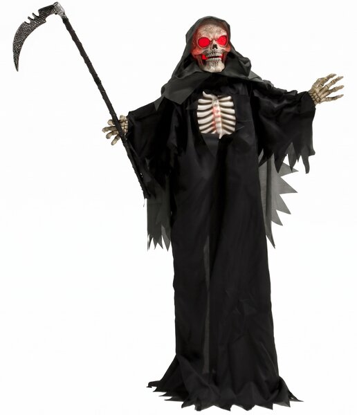 170 cm animovaná halloween dekorace Smrtka se zvukovou a dotykovou aktivací, svítícími očima a hrudníkem
