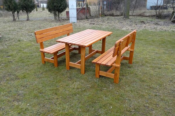 KULHÁNEK Zahradní dubová sestava - stůl, 2x lavice s opěradlem (klasické provedení) Délka: individuální, Odstín nátěru: olej - palisandr