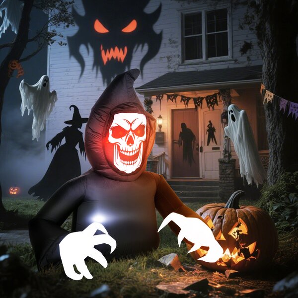 Nafukovací halloweenská dekorace, Smrtka, LED světla, ventilátor, kabel