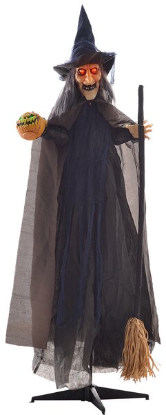 Halloween dekorace čarodějnice s koštětem, svítící oči, děsivé zvuky, ohebné paže, 107x65x190 cm
