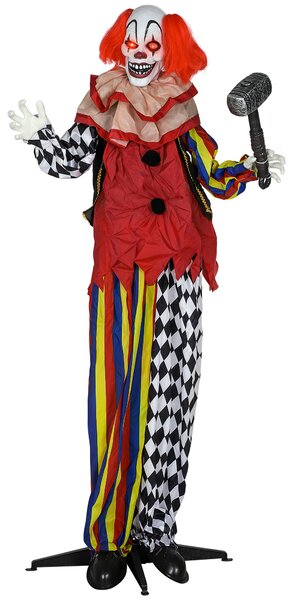 Strašidelný klaun, Halloween animatronika, 173 cm, svítící oči, aktivace zvukem, pohyblivé paže a hlava, na baterie, plast, kov, červená