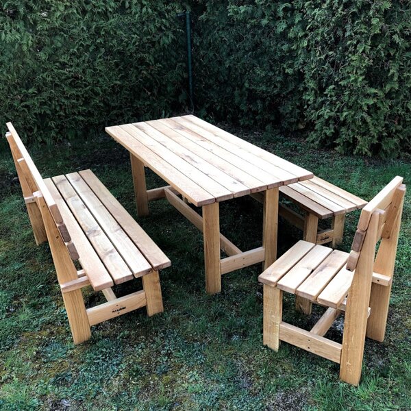 KULHÁNEK Zahradní dubová sestava - stůl, 1x lavice s opěradlem, 1x lavice bez opěradla, 1x židle (klasické provedení) Délka: individuální, Odstín nátěru: individuální