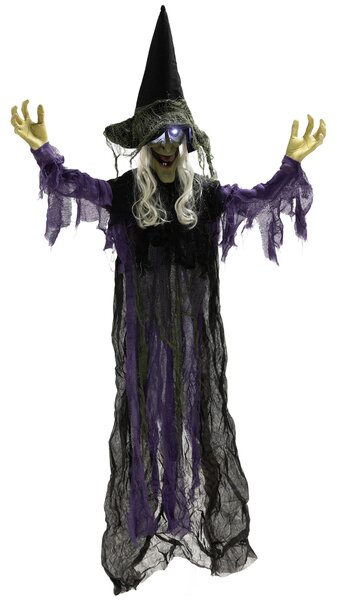 183 cm závěsná halloween čarodějnice 183 cm s LED světly, zvuková funkce, nastavitelné paže a pohyblivá ústa