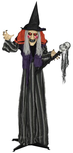 160 cm halloweenská dekorace – čarodějnice s LED světly, zvukovou funkcí, nastavitelné paže a tělo