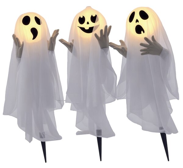 Halloween dekorace, 3 svítící duchové, pohybový senzor, 54 x 10 x 60 cm, bílá