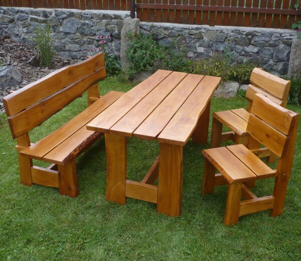 KULHÁNEK Zahradní dubová sestava - stůl, 1x lavice s opěradlem, 2x židle (rustikální provedení) Délka: individuální, Odstín nátěru: olej - teak