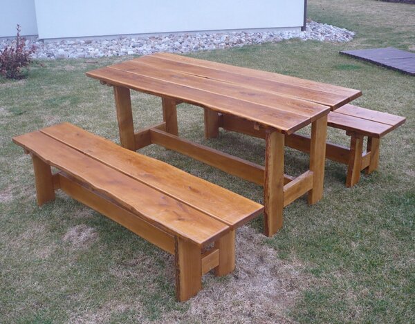 KULHÁNEK Zahradní dubová sestava - stůl, 2x lavice bez opěradla (rustikální provedení) Délka: 150 cm, Odstín nátěru: lazura - teak
