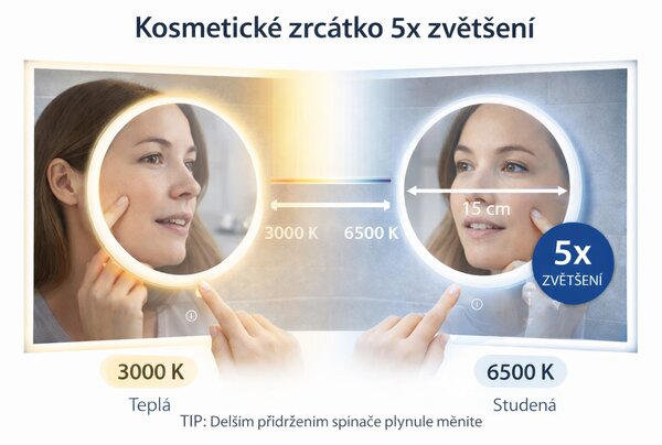 LED zrcadlo TIME 160x65 cm, hodiny, kosmetické zrcátko, nastavitelné osvětlení