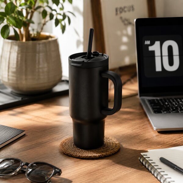 Uzavíratelný nerez termohrnek s brčkem, 480ml, XD Design, černý
