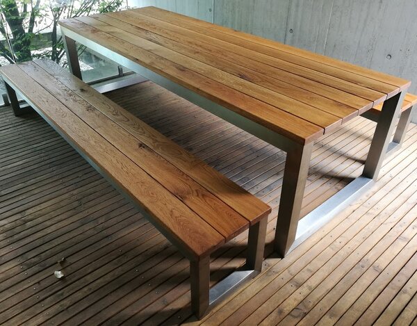 KULHÁNEK Zahradní sestava s nerezovými nohami - stůl, 2x lavice bez opěradla Odstín nátěru: olej - bezbarvý