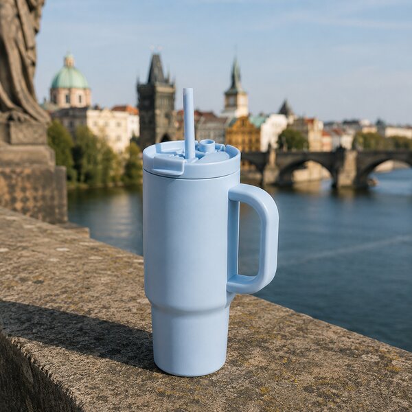 Uzavíratelný nerez termohrnek s brčkem, 480ml, XD Design, světle modrý
