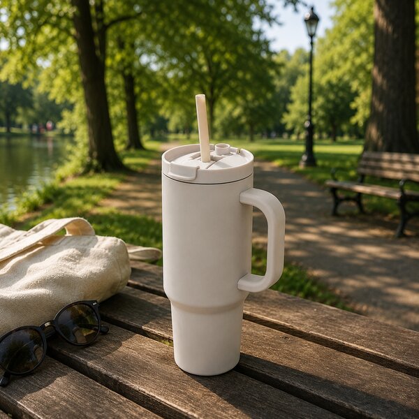 Uzavíratelný nerez termohrnek s brčkem, 480ml, XD Design, béžový