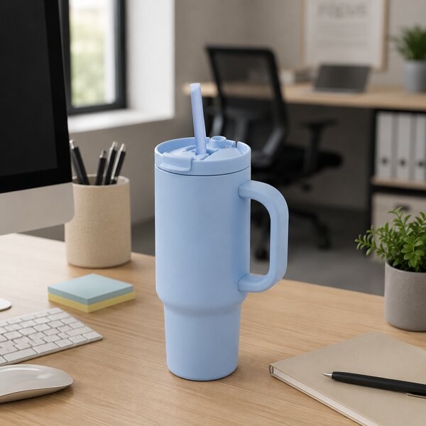 Uzavíratelný nerez termohrnek s brčkem, 480ml, XD Design, světle modrý