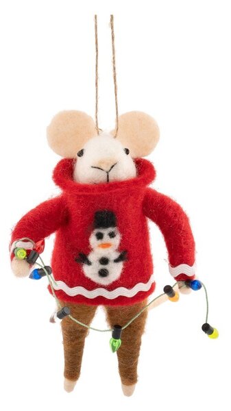 Textilní vánoční ozdoba 6 cm Mouse in Snowman Jumper with Fairy Lights – Sass & Belle