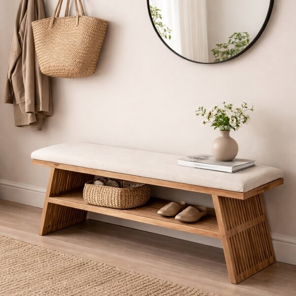 Housecraft Living Dřevěná lavice Djia 134 cm s béžovým sedákem
