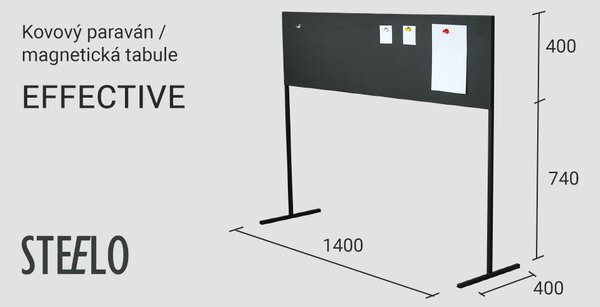 Kovový paravan, magnetická tabule Effective, volně stojící, délka 140 cm