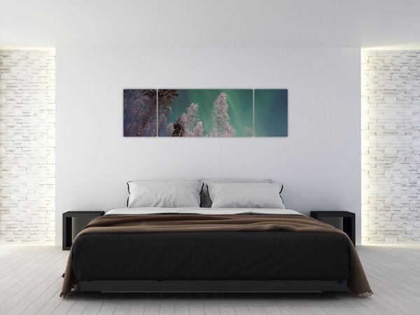 Obraz polární záře nad zmrzlými stromy (170x50 cm)