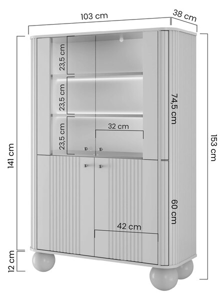 Vitrína Vesper 103 cm čtyřdveřová - kašmír / zlaté úchytky / kulaté nohy