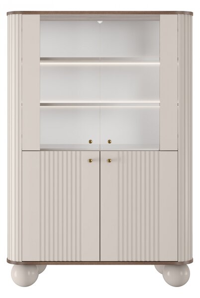 Vitrína Vesper 103 cm čtyřdveřová - kašmír / ořech / zlaté úchyty / kulaté nohy