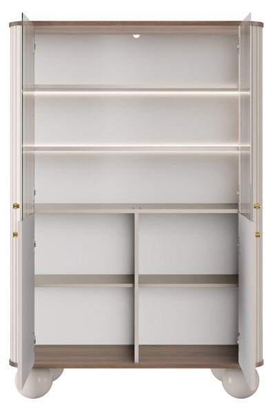 Vitrína Vesper 103 cm čtyřdveřová - kašmír / ořech / zlaté úchyty / kulaté nohy