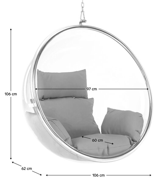 KONDELA Závěsné křeslo, transparentní/stříbrná/šedá, BUBBLE NEW TYP 1