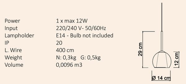 Sikrea Závěsné svítidlo EMY Ø14 cm, 1xE14 Barva skla: Jantarová, Barva montury: Matná černá, Typ montury: Zápustná