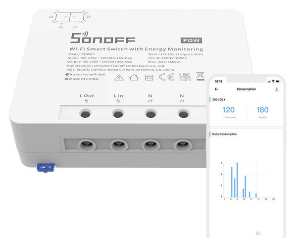 Chytrý vypínač WiFi s monitorováním spotřeby energie Sonoff POWR3 (25A/5500W)