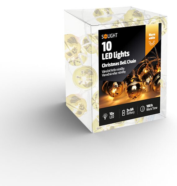 SOLIGHT LED vánoční řetěz rolničky, 10x LED, zlatá, 1,5m, 2x AA