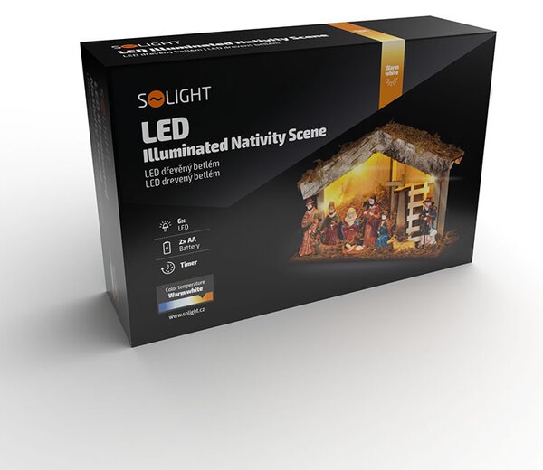 SOLIGHT LED dřevěný betlém podsvícený, 26 x 17cm, 6x LED, 2x AA