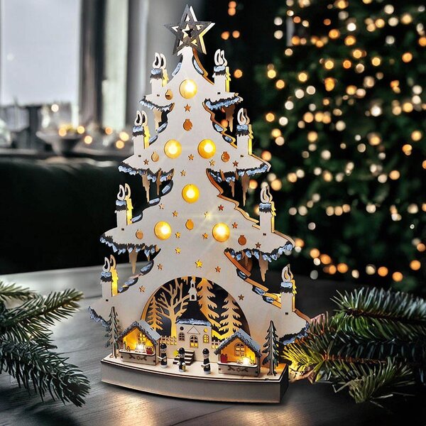 SOLIGHT LED dřevěný vánoční stromek s dekoracemi, 23x LED, přírodní barva, 64cm, 2x AA