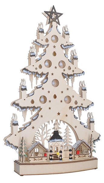 SOLIGHT LED dřevěný vánoční stromek s dekoracemi, 23x LED, přírodní barva, 64cm, 2x AA
