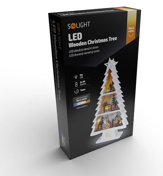 SOLIGHT LED dřevěný vánoční stromek s dekoracemi, 13x LED, bílá, 53cm, 2x AA