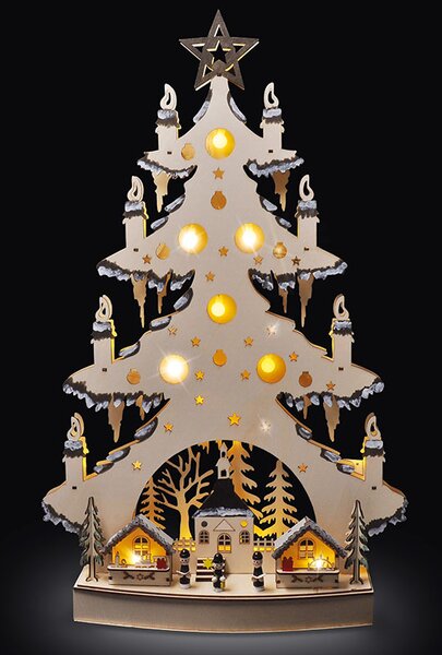 SOLIGHT LED dřevěný vánoční stromek s dekoracemi, 23x LED, přírodní barva, 64cm, 2x AA