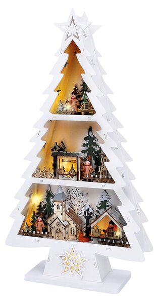 SOLIGHT LED dřevěný vánoční stromek s dekoracemi, 13x LED, bílá, 53cm, 2x AA