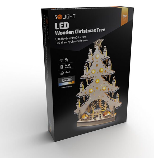 SOLIGHT LED dřevěný vánoční stromek s dekoracemi, 23x LED, přírodní barva, 64cm, 2x AA
