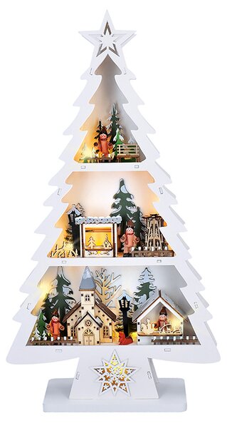 SOLIGHT LED dřevěný vánoční stromek s dekoracemi, 13x LED, bílá, 53cm, 2x AA