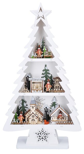 SOLIGHT LED dřevěný vánoční stromek s dekoracemi, 13x LED, bílá, 53cm, 2x AA