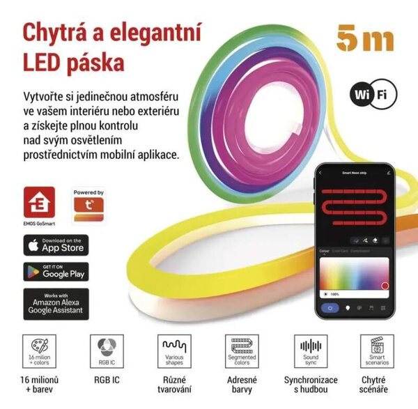 Emos ZPW313I GO SMART - LED RGB ohebný pásek NEON, stmívatelný, WIFI, 3 metry (Ohebný neonový pásek ovládaný mobilní aplikací)